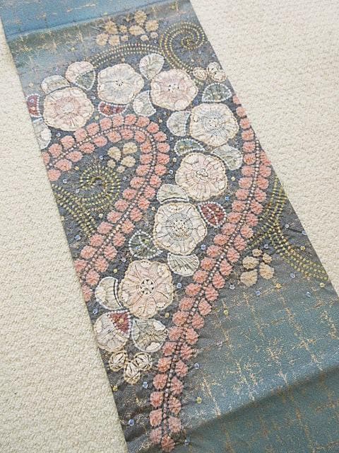 袋帯：辻が花 絞り：高級品：美品：作家印：ブルーグレー金糸織：N97