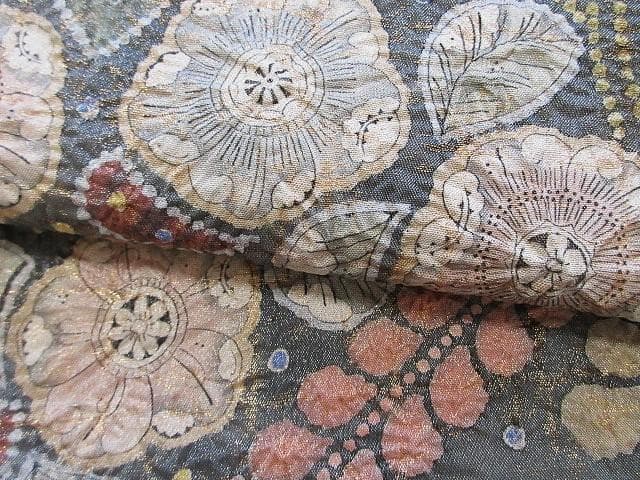 袋帯：辻が花 絞り：高級品：美品：作家印：ブルーグレー金糸織：N97