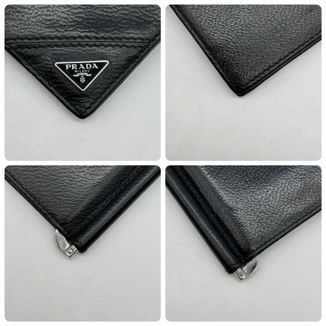 美品　現行　プラダ マネークリップ 二つ 折り財布 シボ革　レザー 三角ロゴ 黒