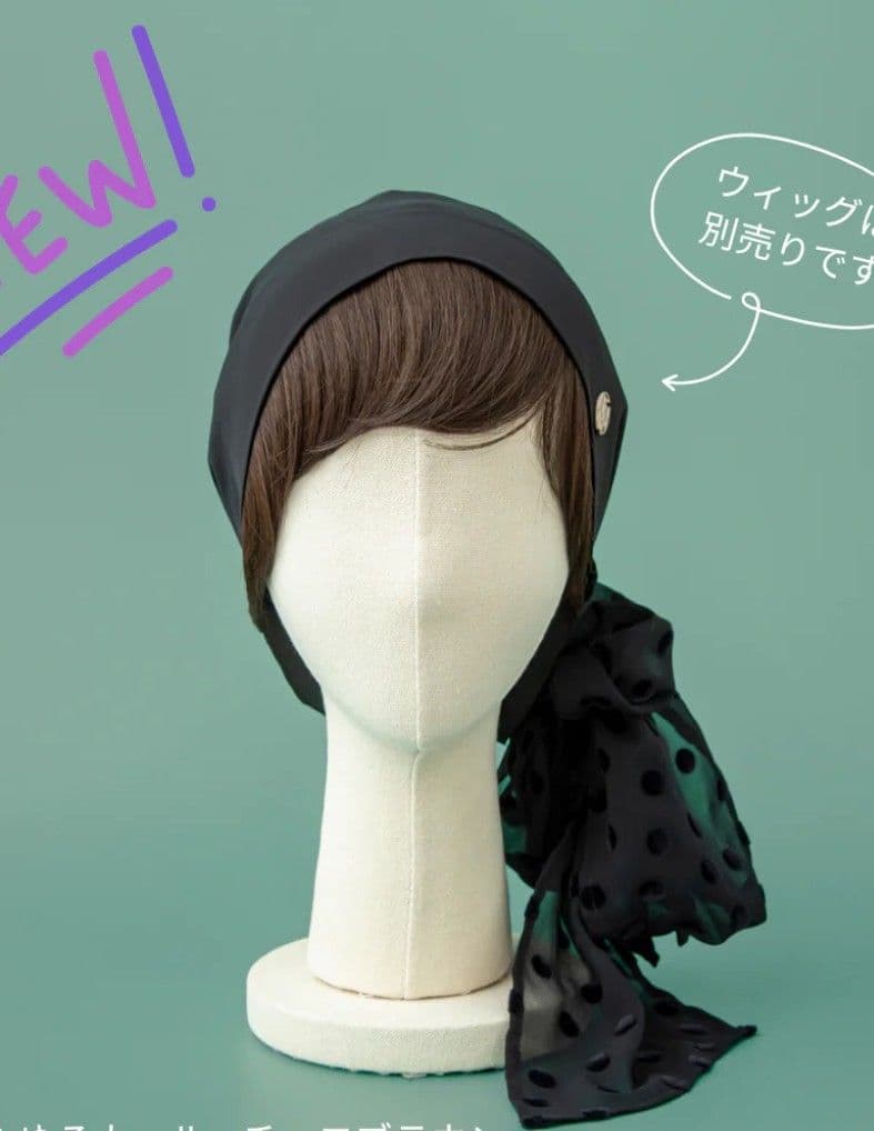 BARENスカーフハット　ドットシフォンブラック&　前髪ウィッグ