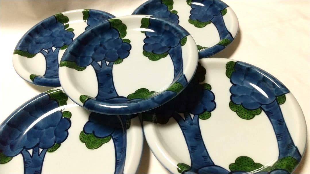 未使用品 源右衛門窯 染錦 大樹 銘々皿 5枚組