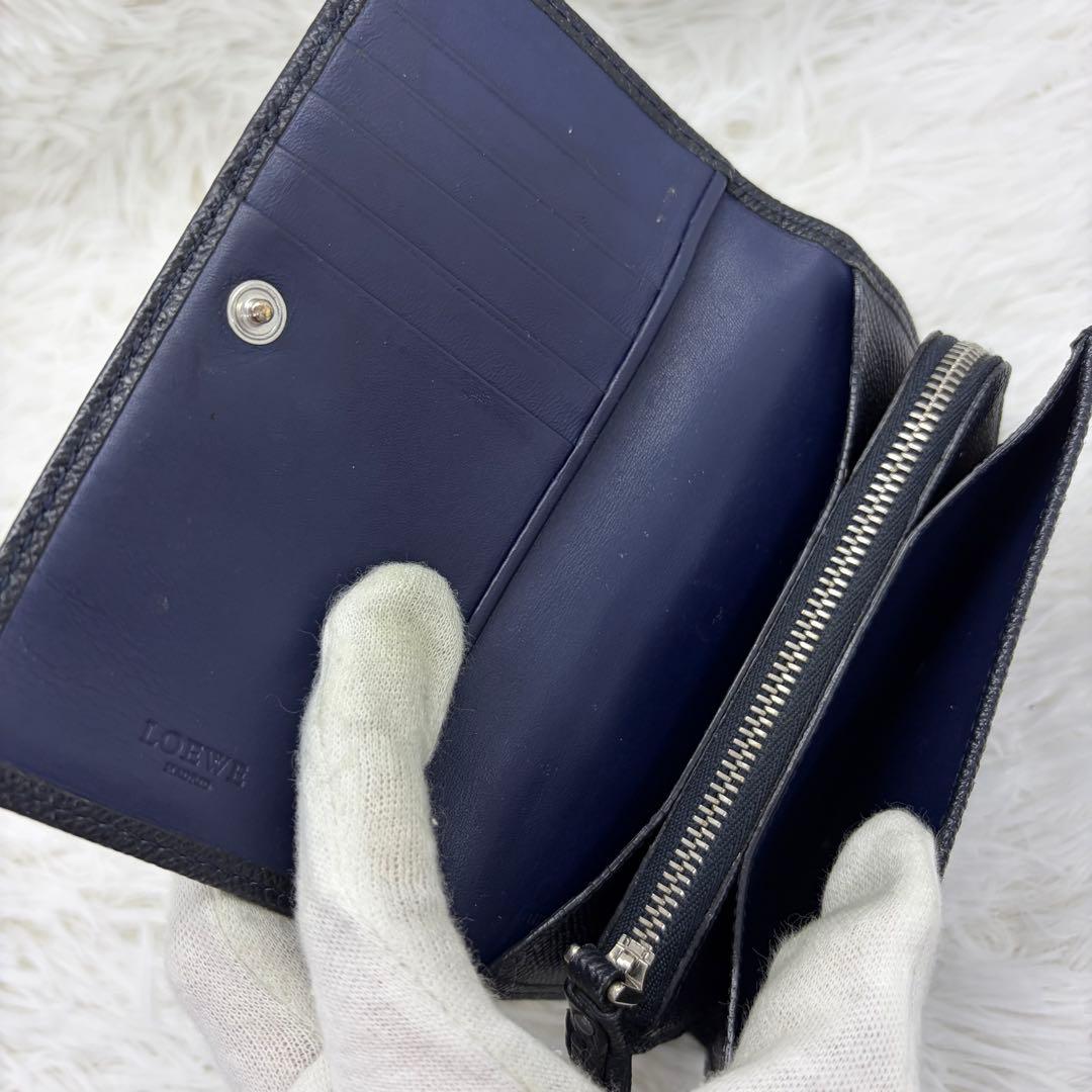 美品✨️ロエベ 二つ折り財布 アナグラム レザー ネイビー　バイカラー