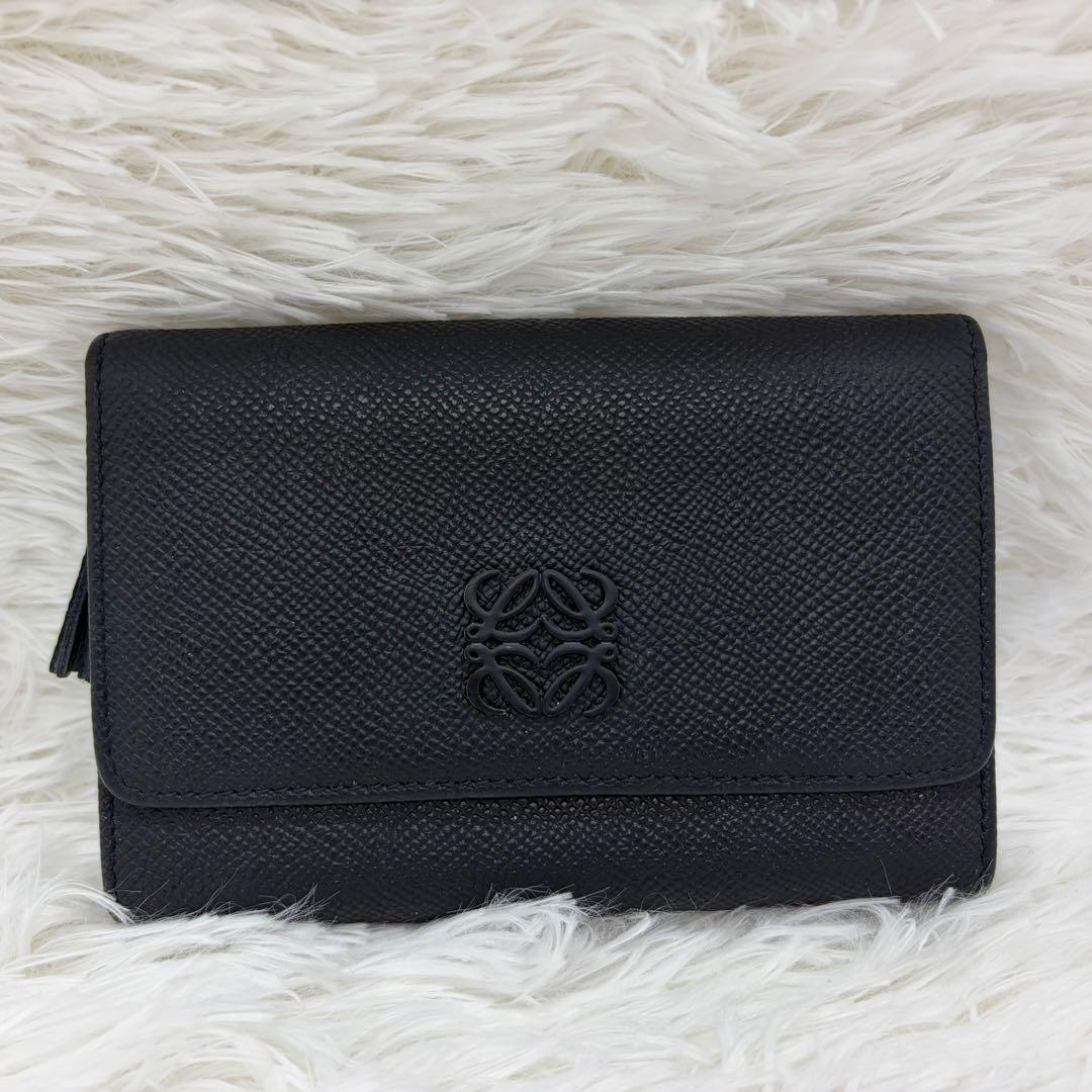 美品✨️ロエベ 二つ折り財布 アナグラム レザー ネイビー　バイカラー