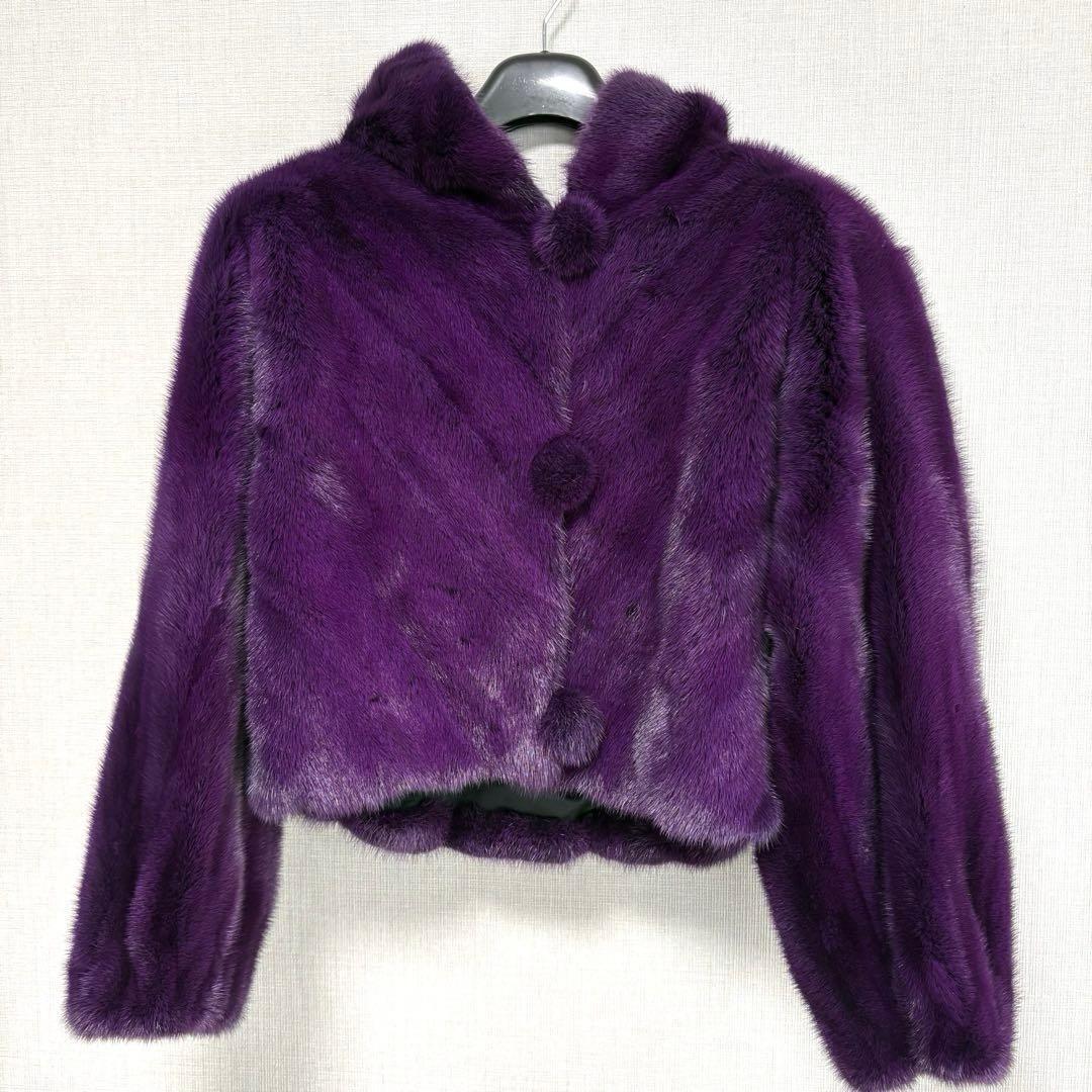 ミンク 毛皮 ショートコート フード付 紫 サイズ6