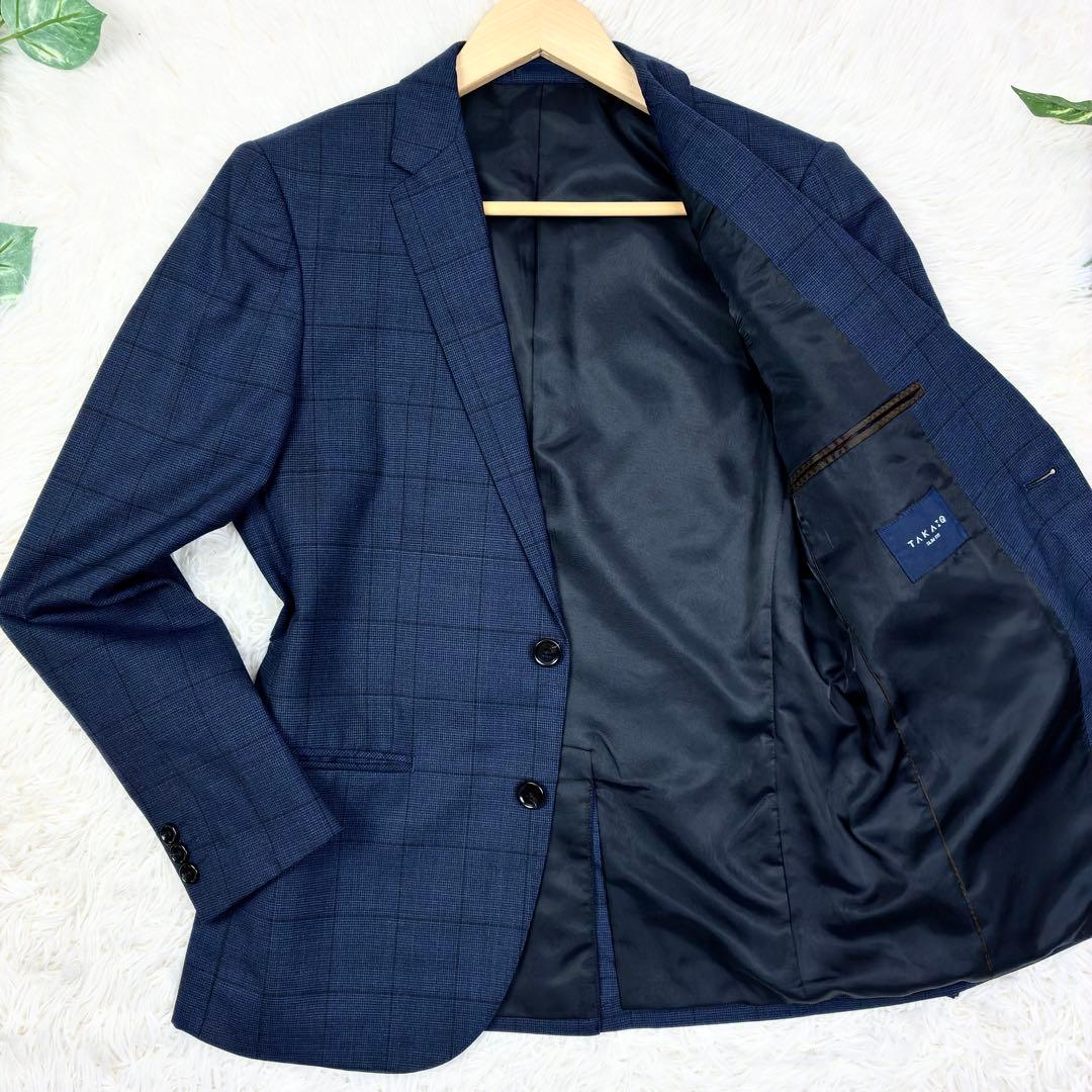 美品　タカキュー　ウィンドウペンチェック　3ピース　スーツセットアップ　S　紺
