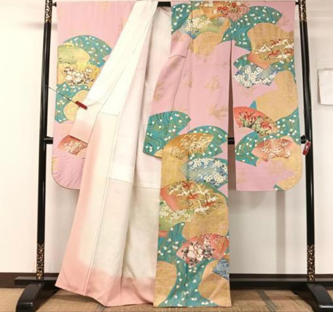 振袖フルセット6点サイズM〜Ｌ駒刺繍　地紙飛鶴花文　金彩　正絹