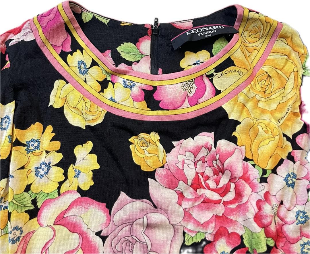 LEONARD レオナール カットソー　長袖　トップス　M　フラワー柄 シルク