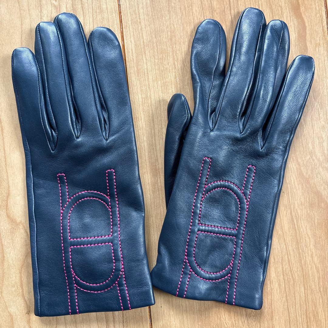 美品　未使用　エルメス　ネイビー レザー 手袋 刺繍入り