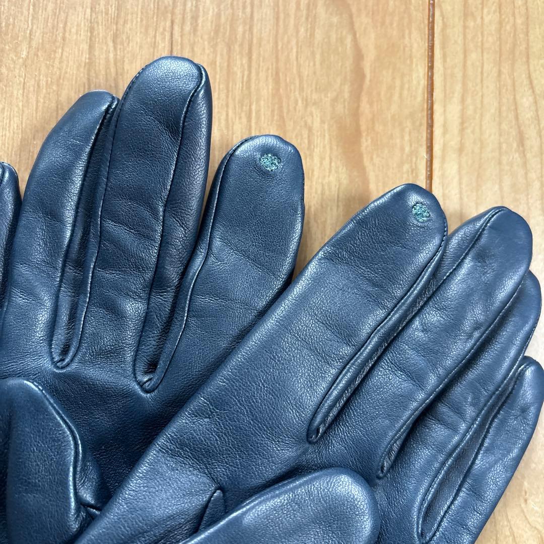 美品　未使用　エルメス　ネイビー レザー 手袋 刺繍入り