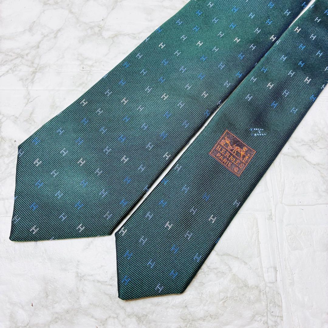 ★ エルメス　HERMES ネクタイ　グリーン　H柄　総柄　おしゃれ　現行タグ