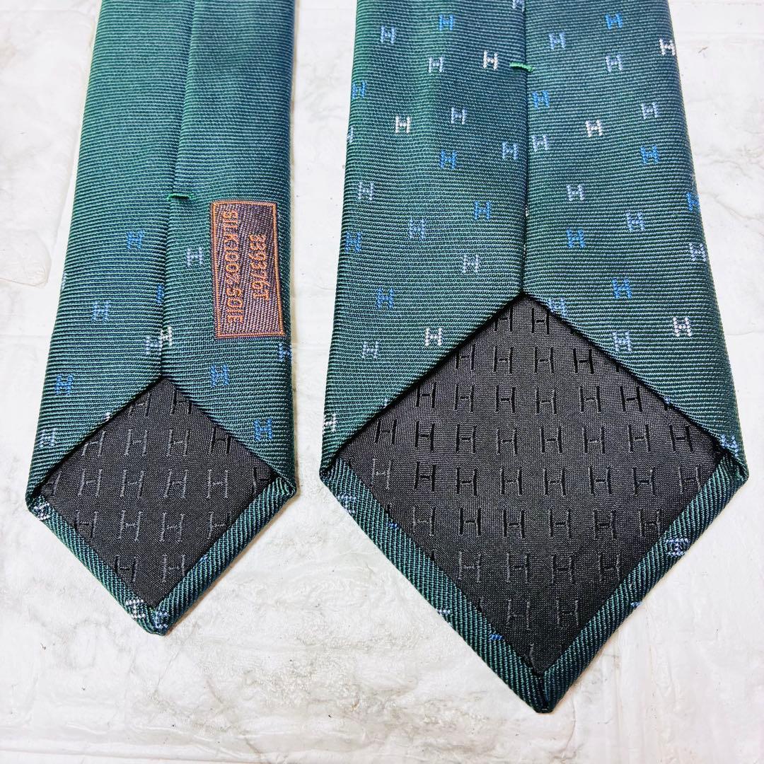 ★ エルメス　HERMES ネクタイ　グリーン　H柄　総柄　おしゃれ　現行タグ