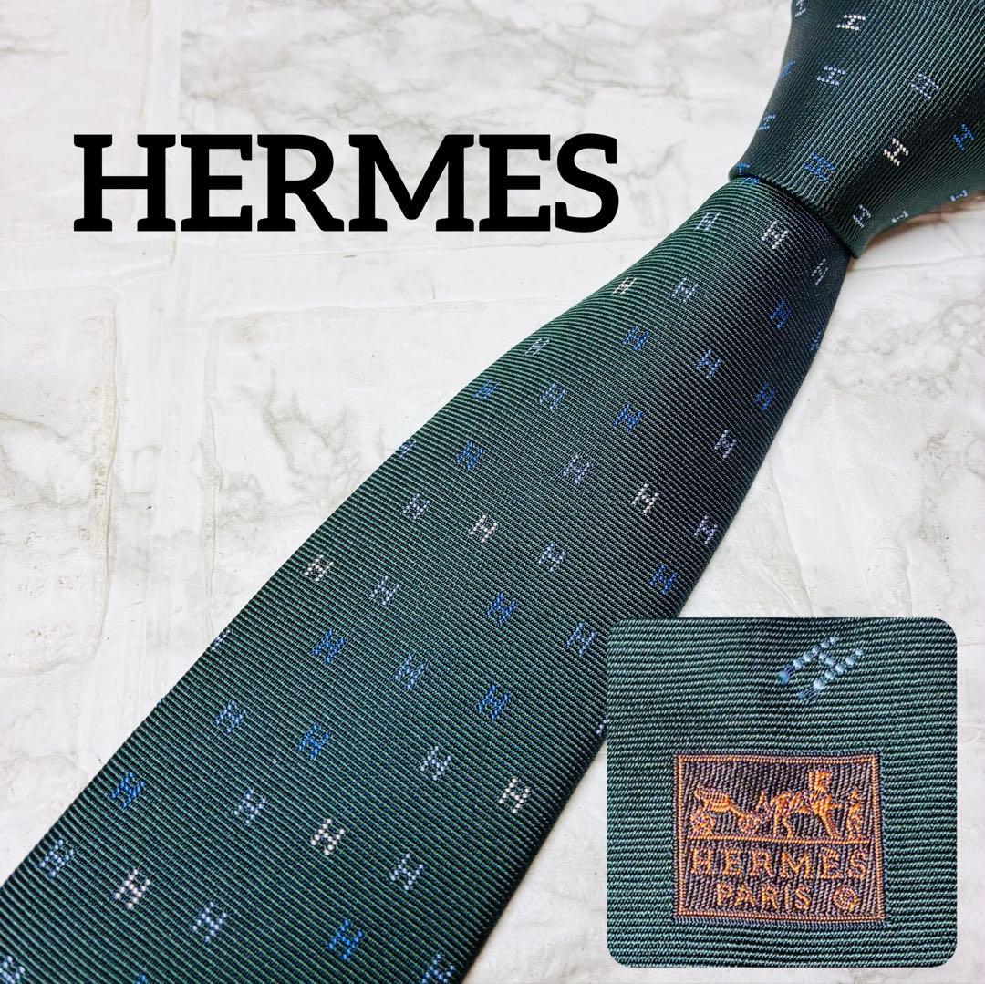 ★ エルメス　HERMES ネクタイ　グリーン　H柄　総柄　おしゃれ　現行タグ