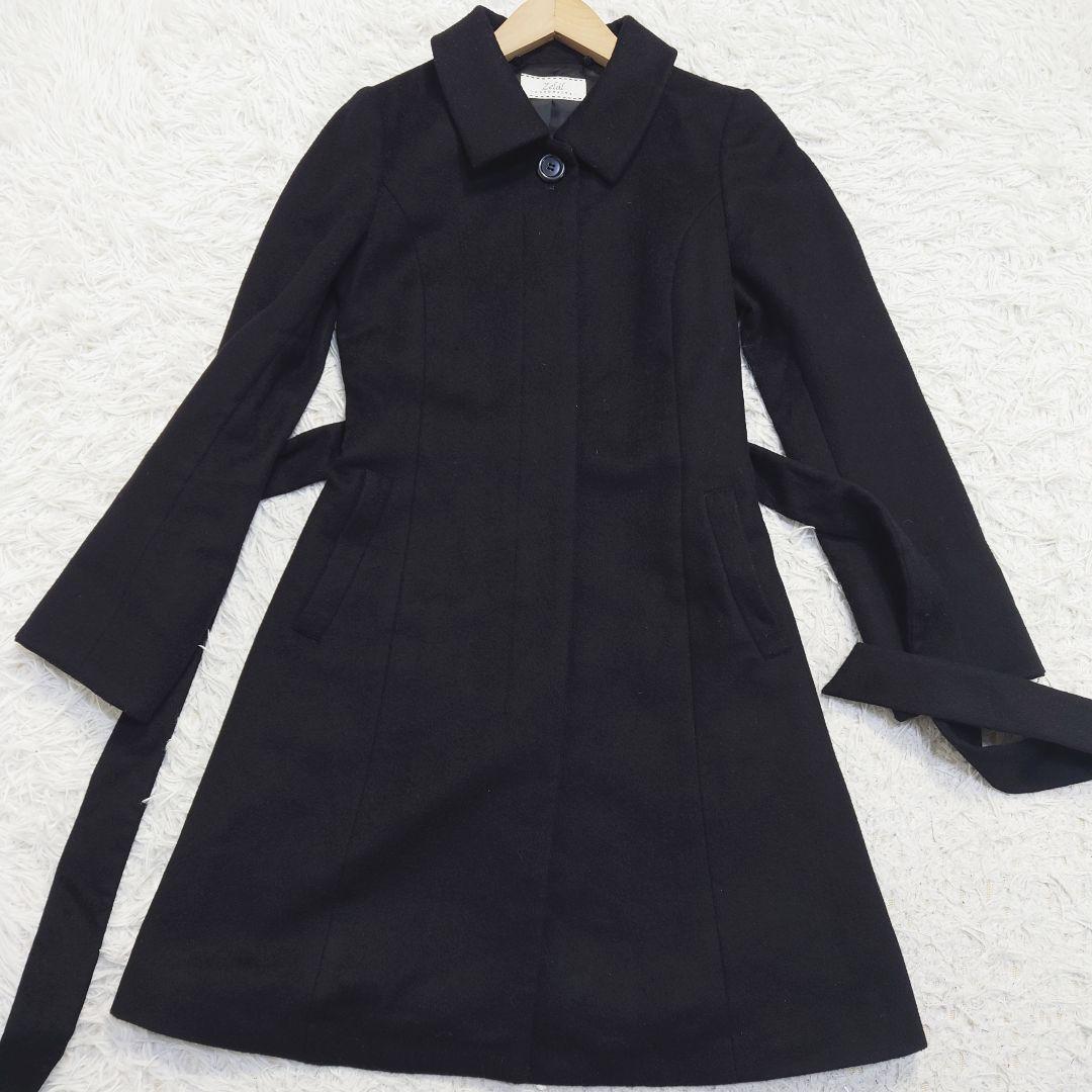 カシミヤ100％　ゼラール　ロングコート　ベルト　Aライン　比翼　黒　S相当
