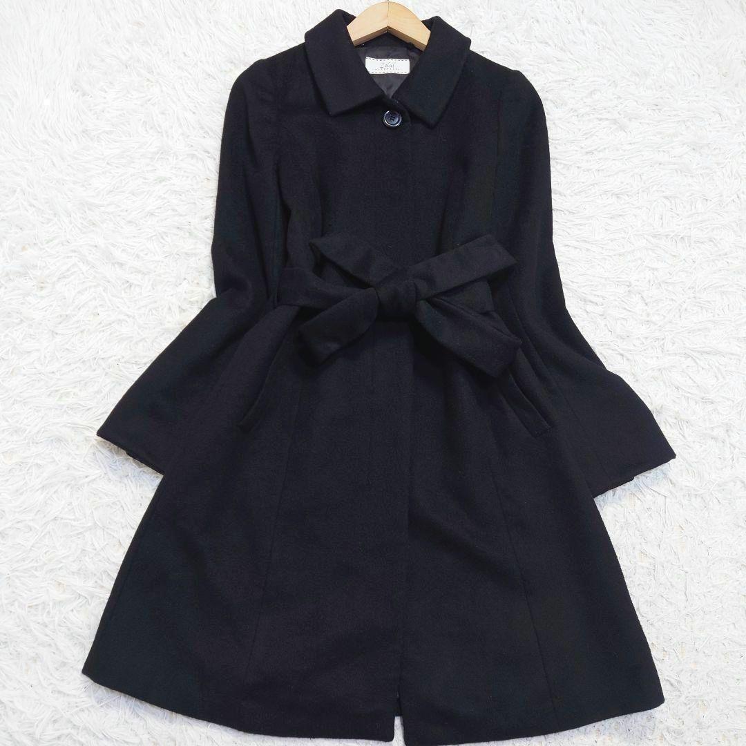 カシミヤ100％　ゼラール　ロングコート　ベルト　Aライン　比翼　黒　S相当