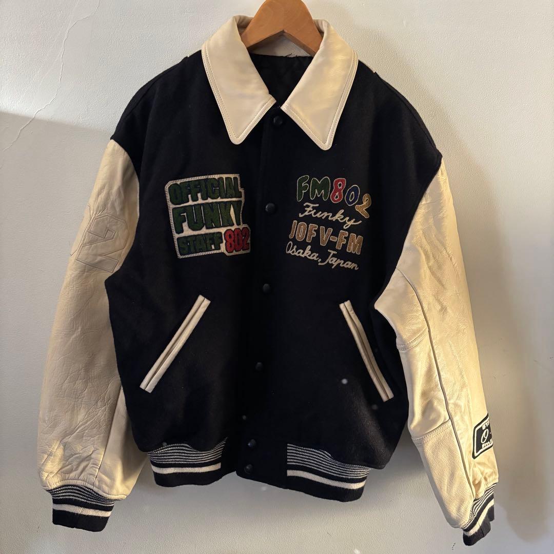 値下古着FM802 スタジャン　レザージャケットネイビークリーム