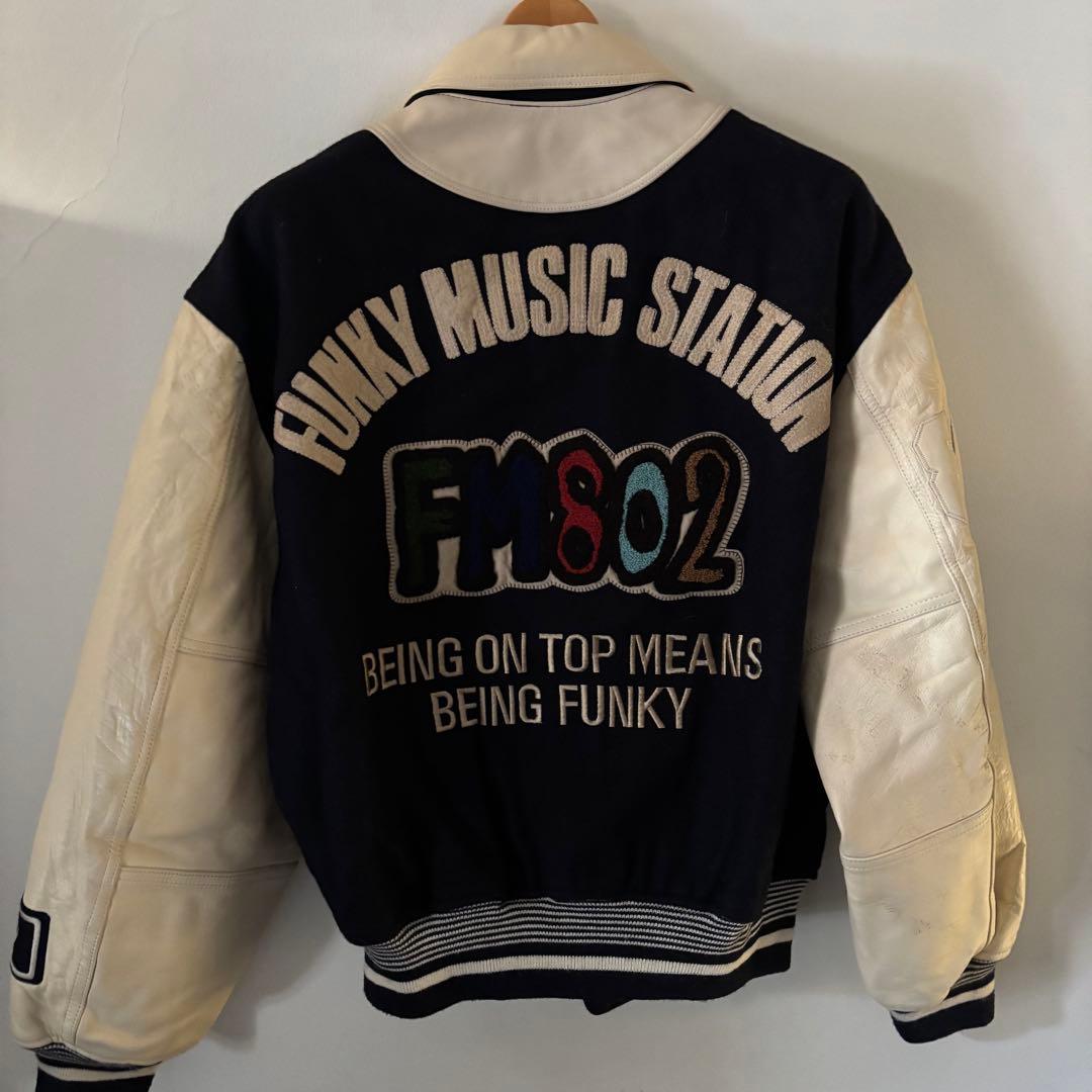 値下古着FM802 スタジャン　レザージャケットネイビークリーム