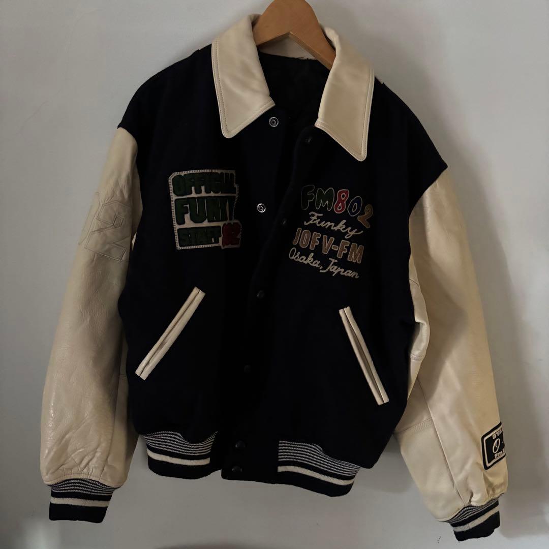 値下古着FM802 スタジャン　レザージャケットネイビークリーム