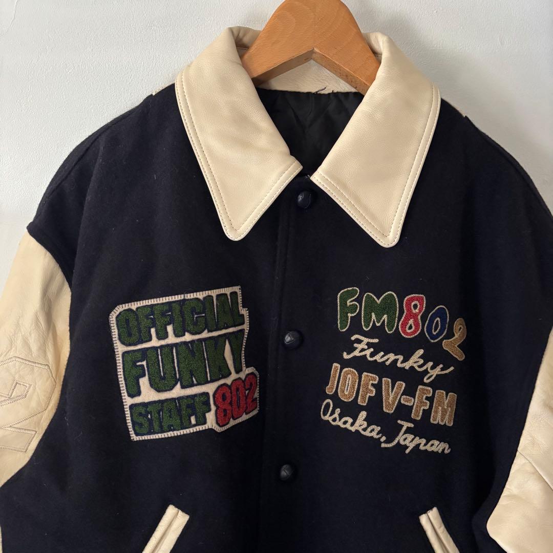 値下古着FM802 スタジャン　レザージャケットネイビークリーム