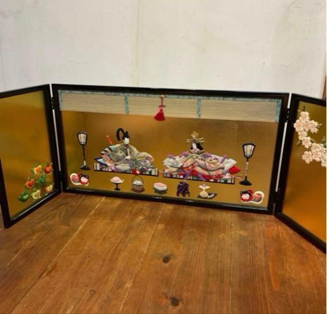 美品　押絵びな　江戸ちりめん　三枚屏風　お雛様　ひな祭り