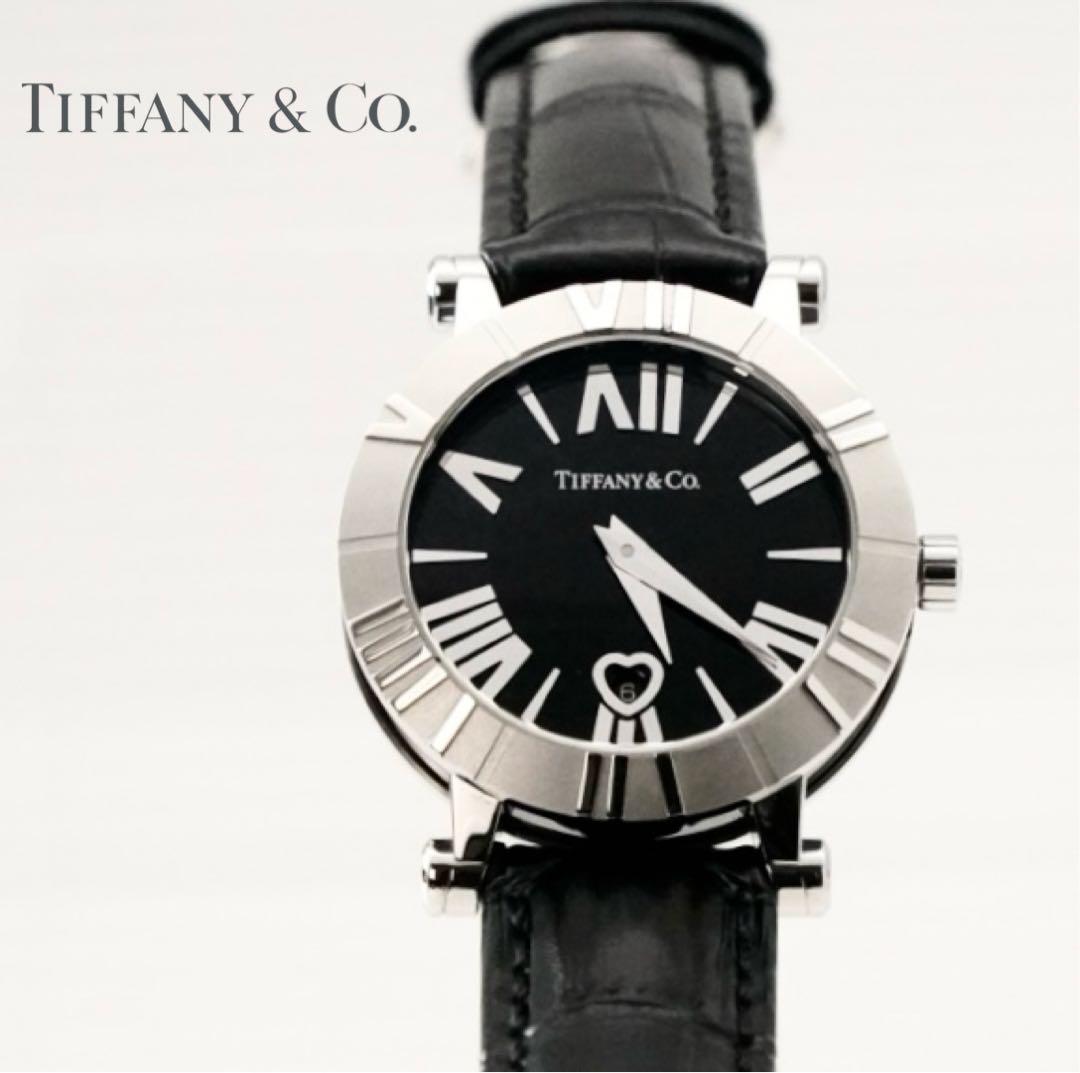 超美品！ティファニー アトラス 定番人気 ブラック 革ベルト　レディース 時計