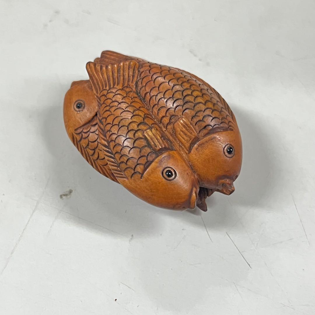 A*o様 古根付　木製 堤物 玉山 銘 魚 鯉 根付 彫刻