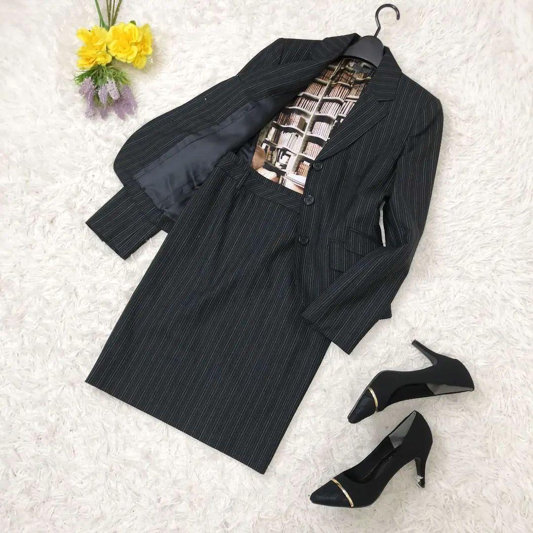 極美品✨総柄 マルチストライプ スカートスーツ ブラック 38〜40 M