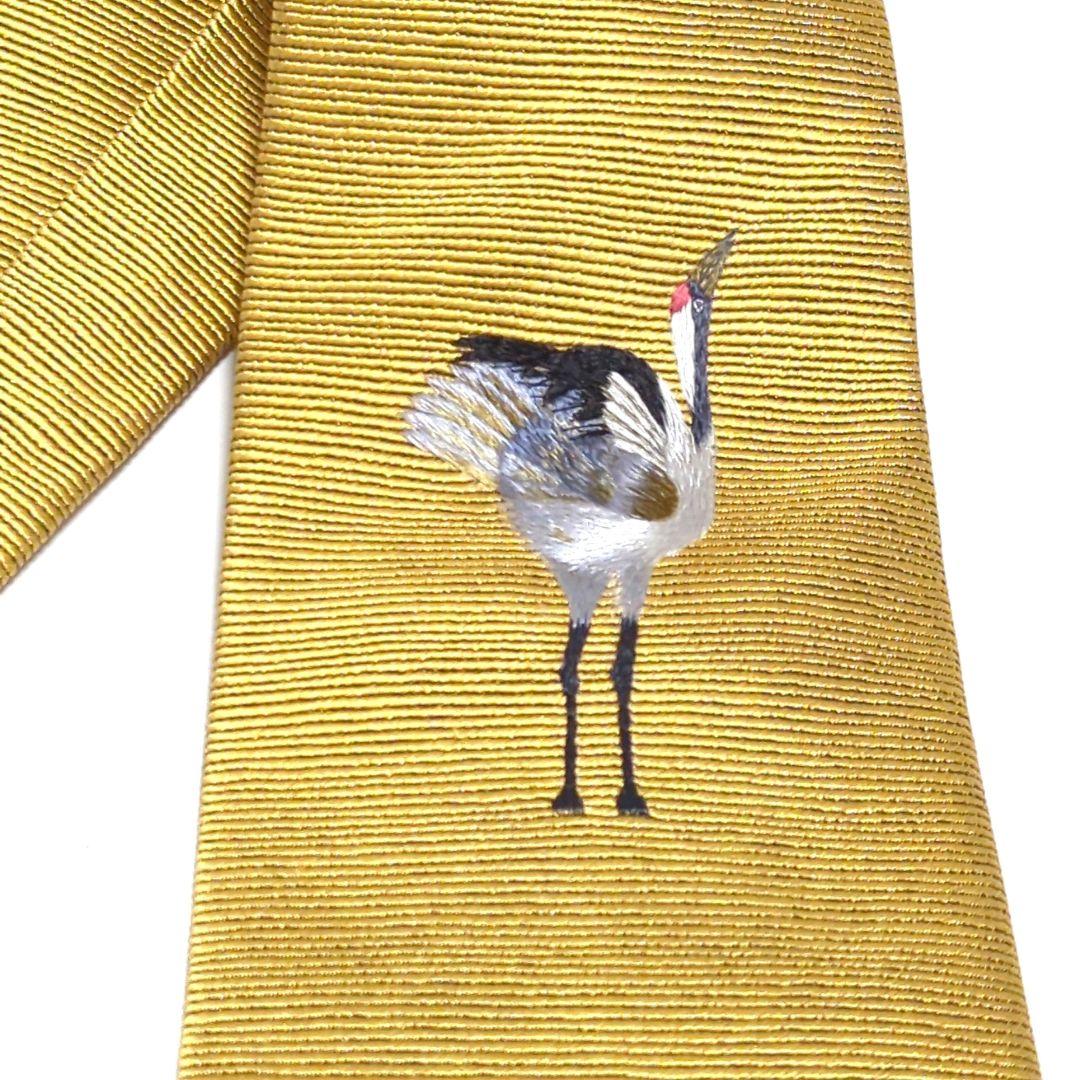 銀座田屋 ネクタイ 動物柄 黄色 イエロー ゴールド 鶴 鳥 鶴柄 縁起 縁起柄