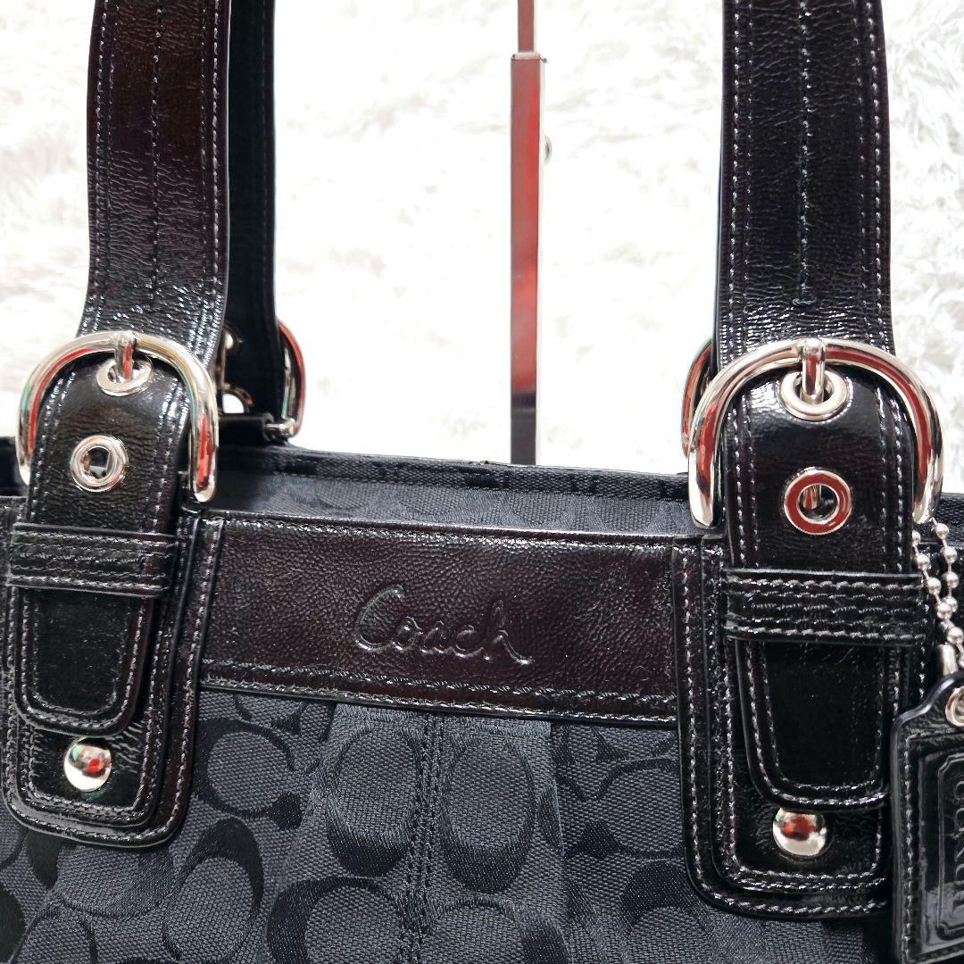 COACH ブラック シグネチャー パテントレザー キャンバス トート ソーホー
