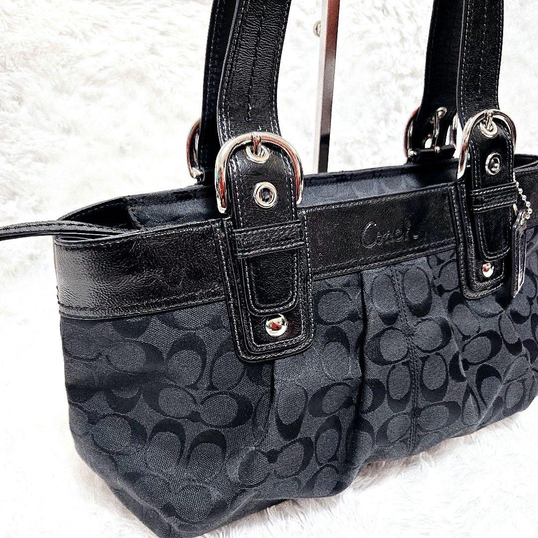 COACH ブラック シグネチャー パテントレザー キャンバス トート ソーホー
