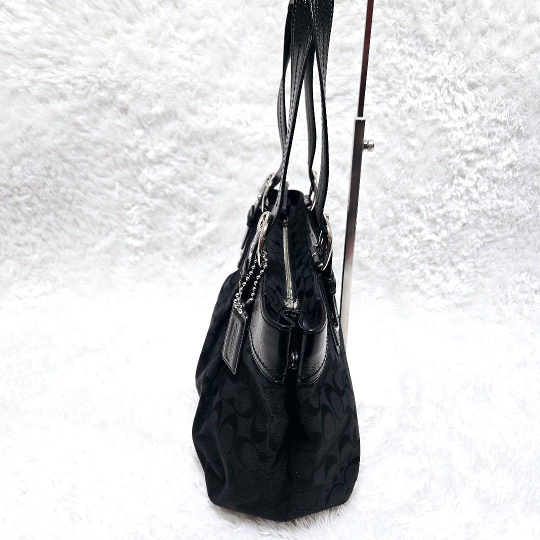 COACH ブラック シグネチャー パテントレザー キャンバス トート ソーホー
