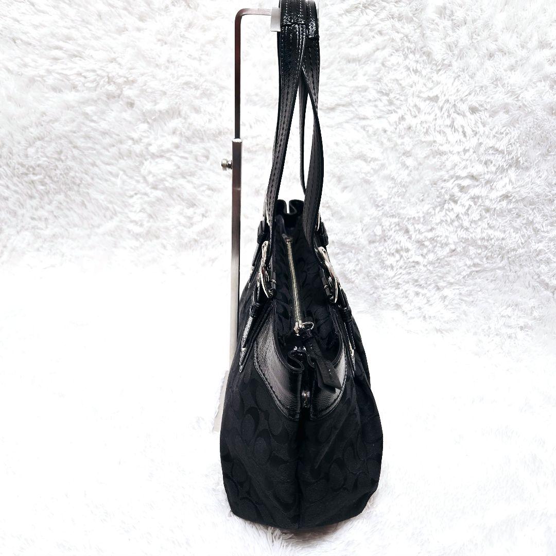 COACH ブラック シグネチャー パテントレザー キャンバス トート ソーホー