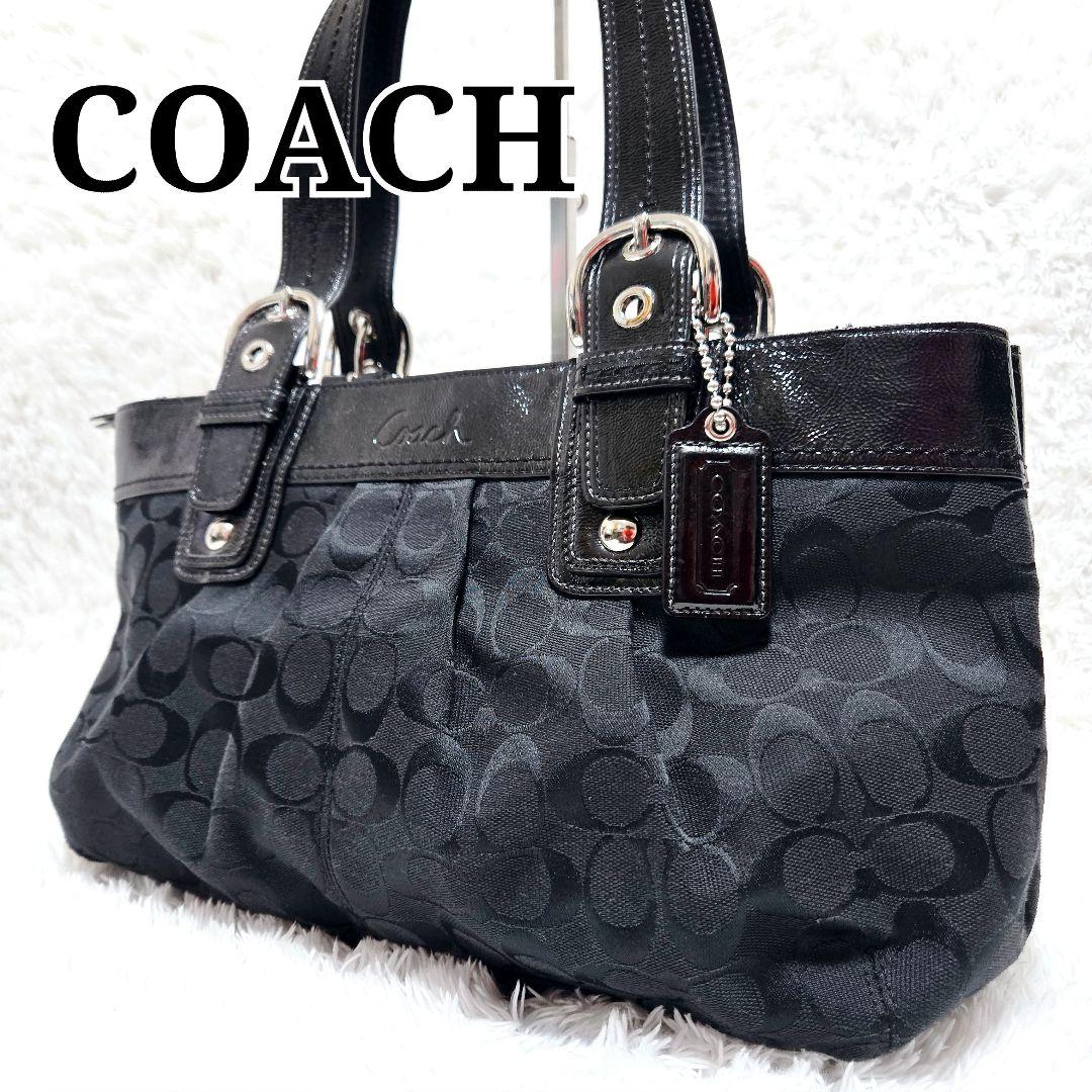 COACH ブラック シグネチャー パテントレザー キャンバス トート ソーホー