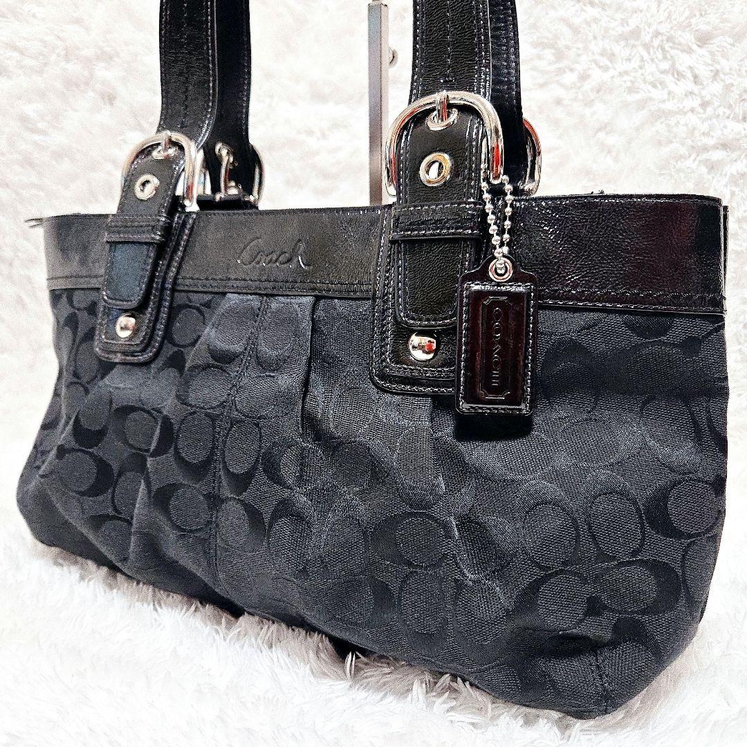 COACH ブラック シグネチャー パテントレザー キャンバス トート ソーホー