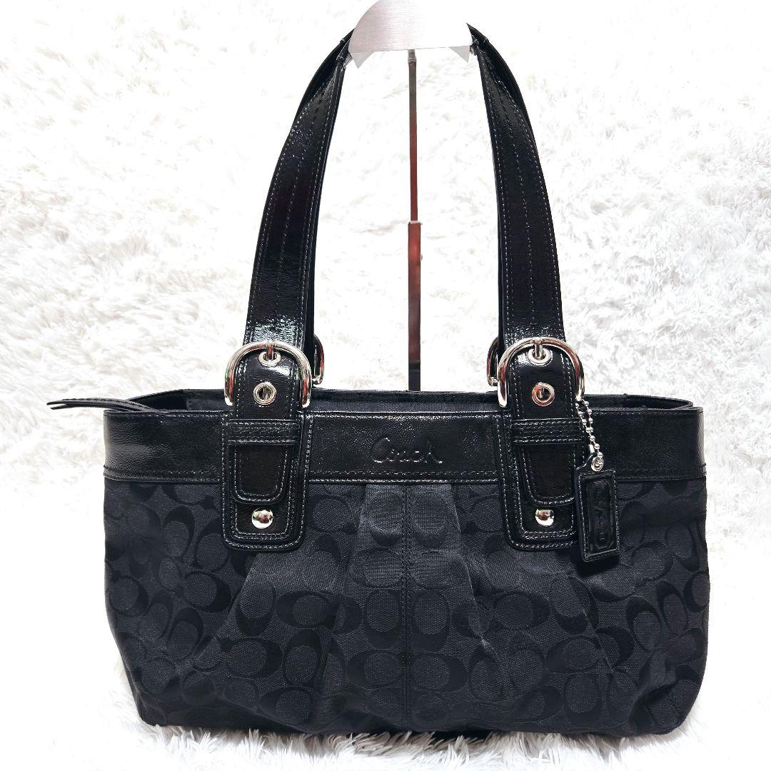 COACH ブラック シグネチャー パテントレザー キャンバス トート ソーホー