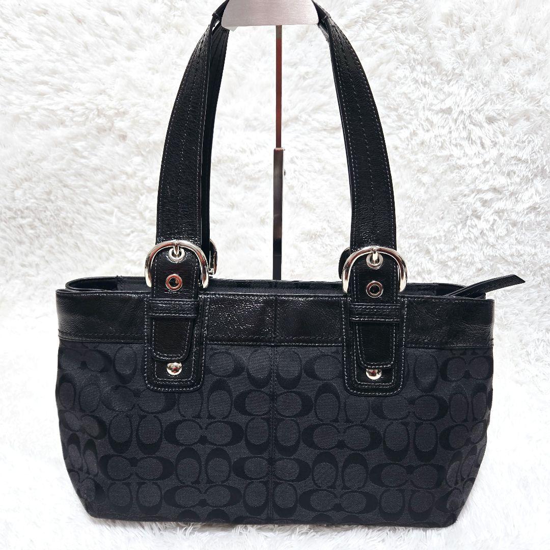 COACH ブラック シグネチャー パテントレザー キャンバス トート ソーホー