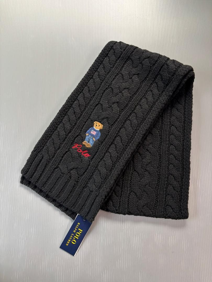 GIFTBOX入り　ポロベア新品　ラルフローレン　マフラー　ポロベア　編みBK