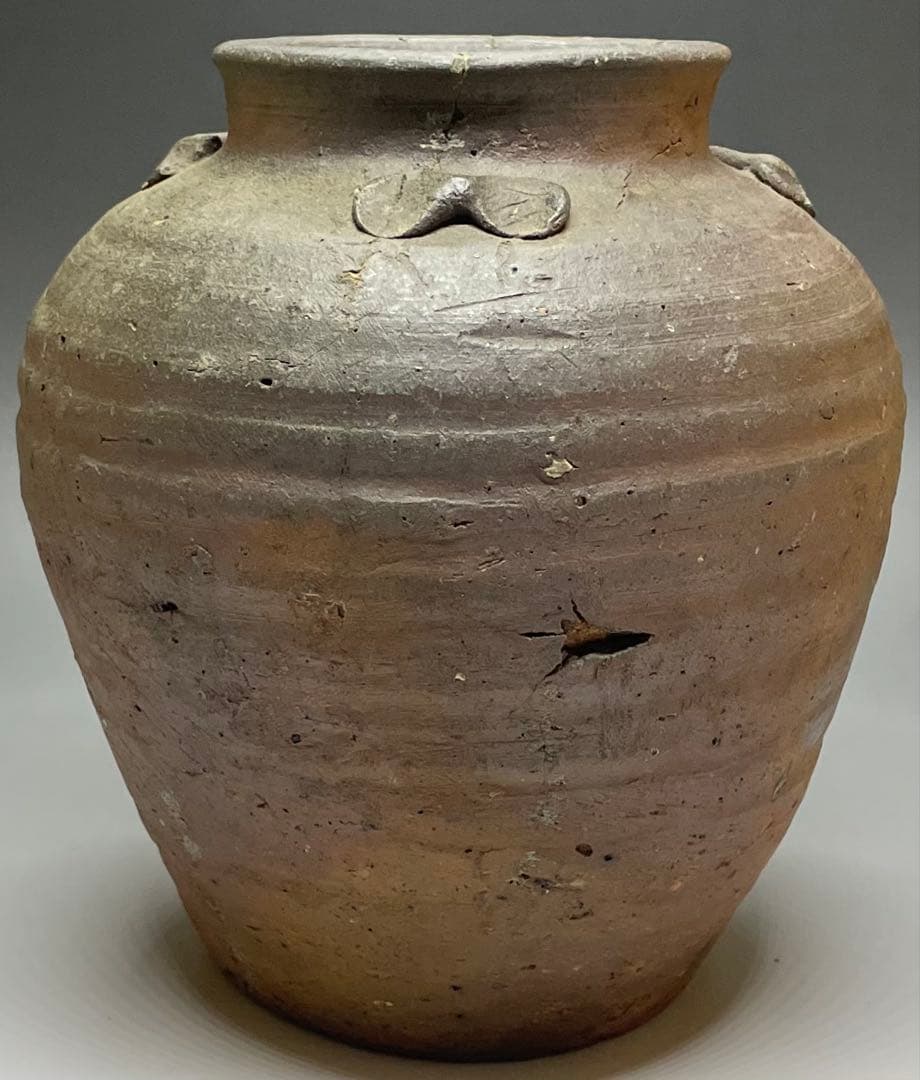 古備前　室町〜桃山時代　三耳壺　種壺　窯印有　箱付(四方桟盛蓋) 　y312