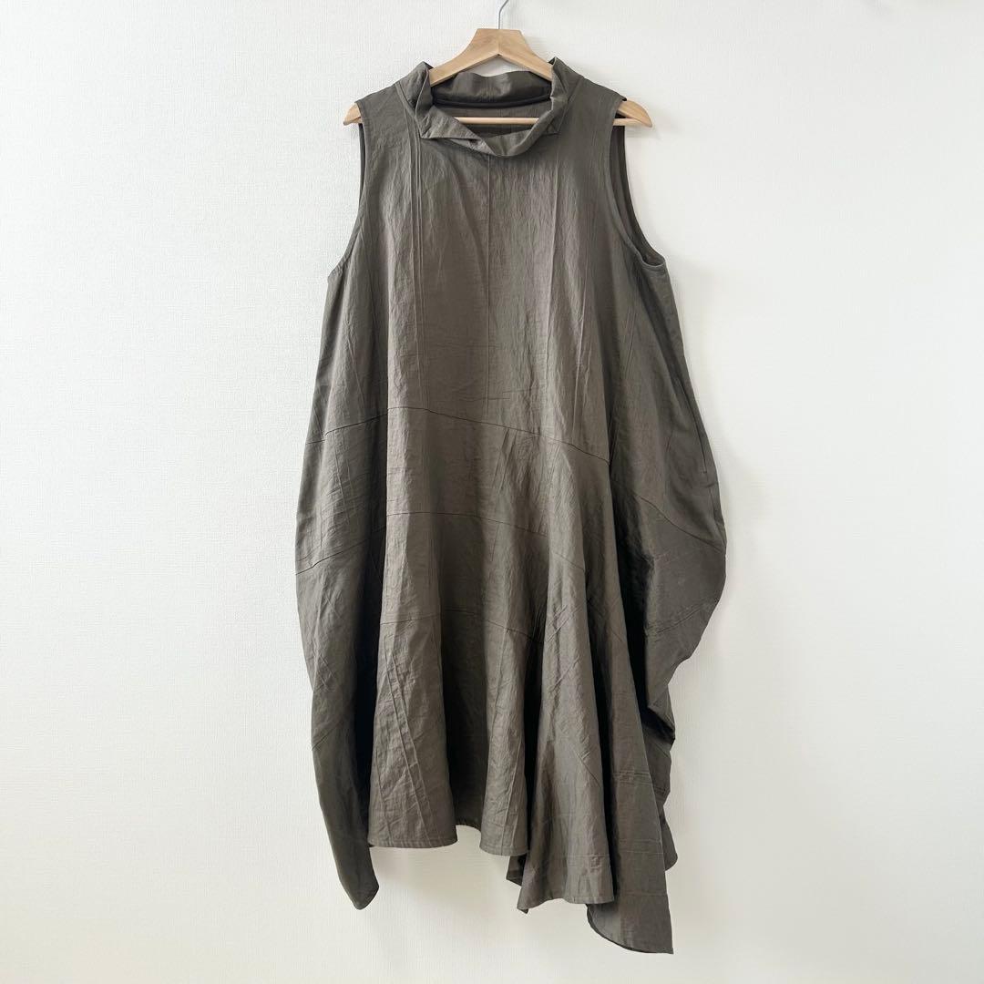 慈雨　ロングワンピース　変形　ノースリーブ　カーキ　コットン　麻　40