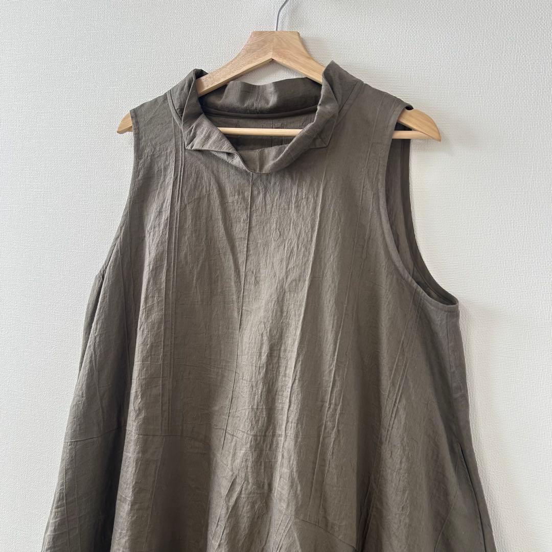 慈雨　ロングワンピース　変形　ノースリーブ　カーキ　コットン　麻　40