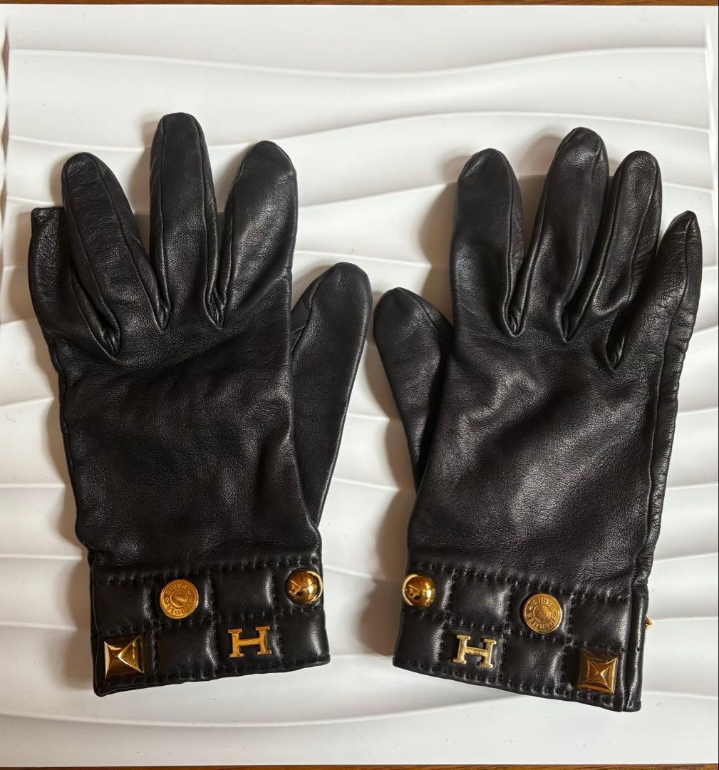 HERMES エルメス グローブ 手袋 ラムスキン レザー　革　メドール　黒