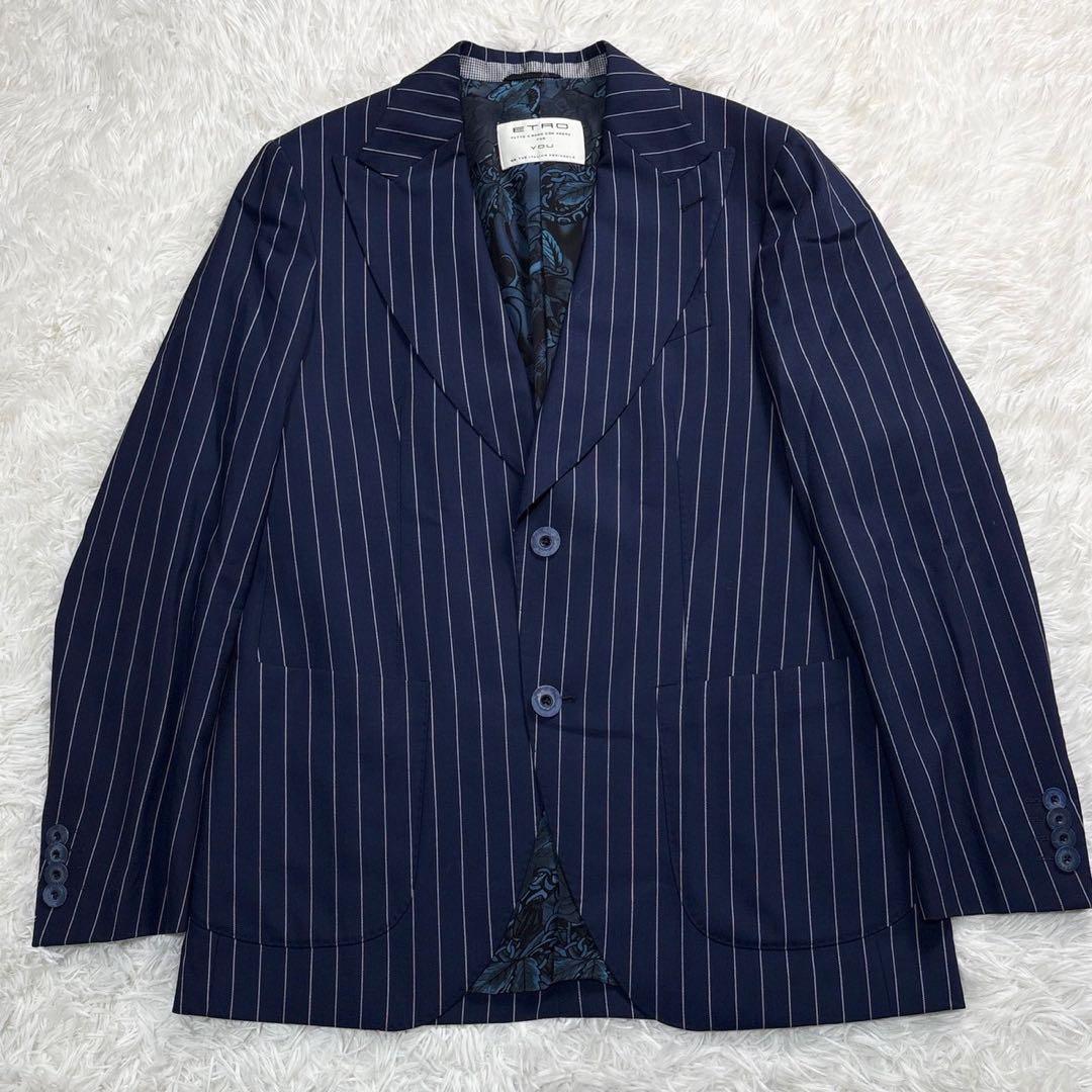 未使用級!L相当　ETRO スーツ　ネイビー　裏地ペイズリー　ストライプ　シルク
