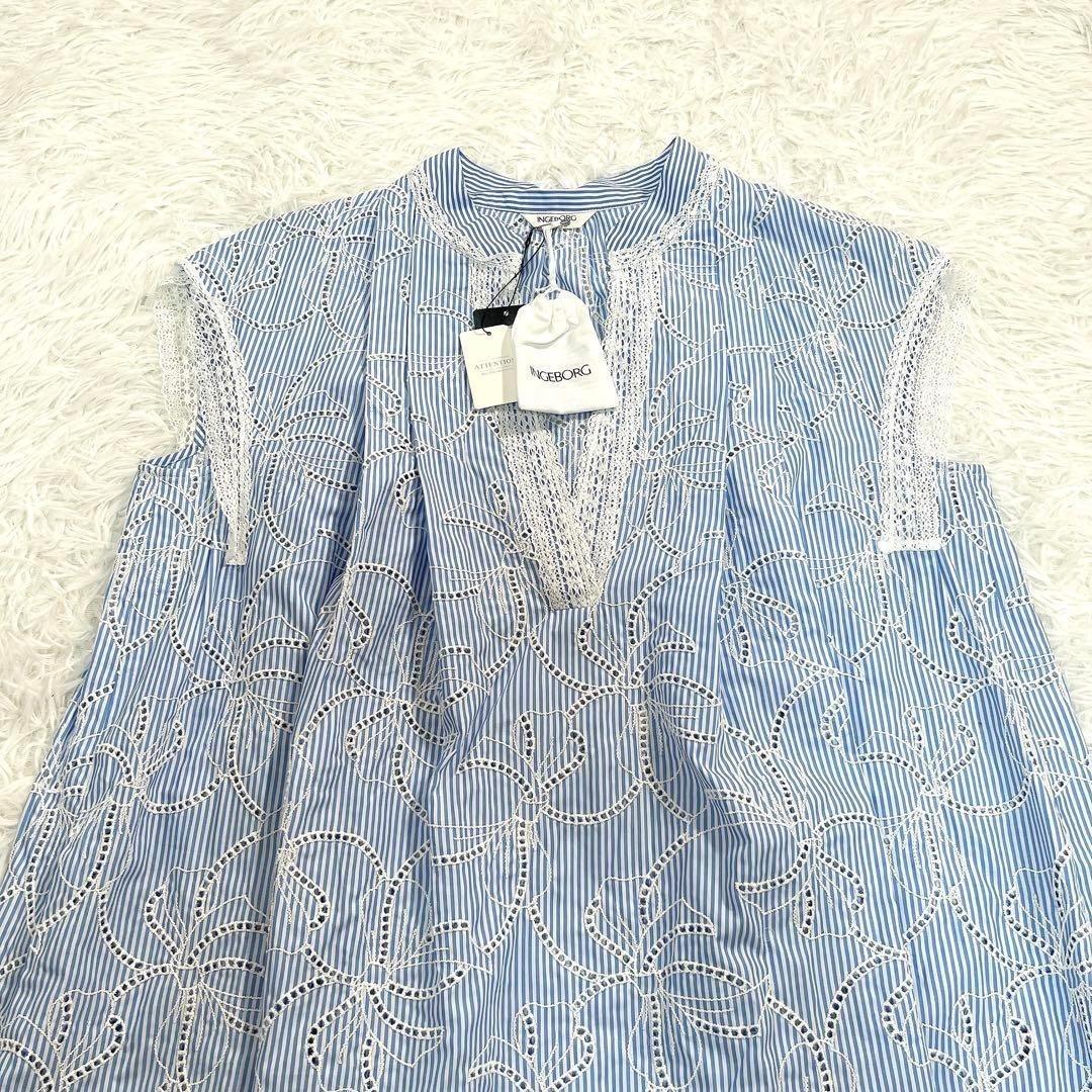 試着のみ✨完売品✨インゲボルグ 2024年 リボン 刺繍 ワンピース　ストライプ
