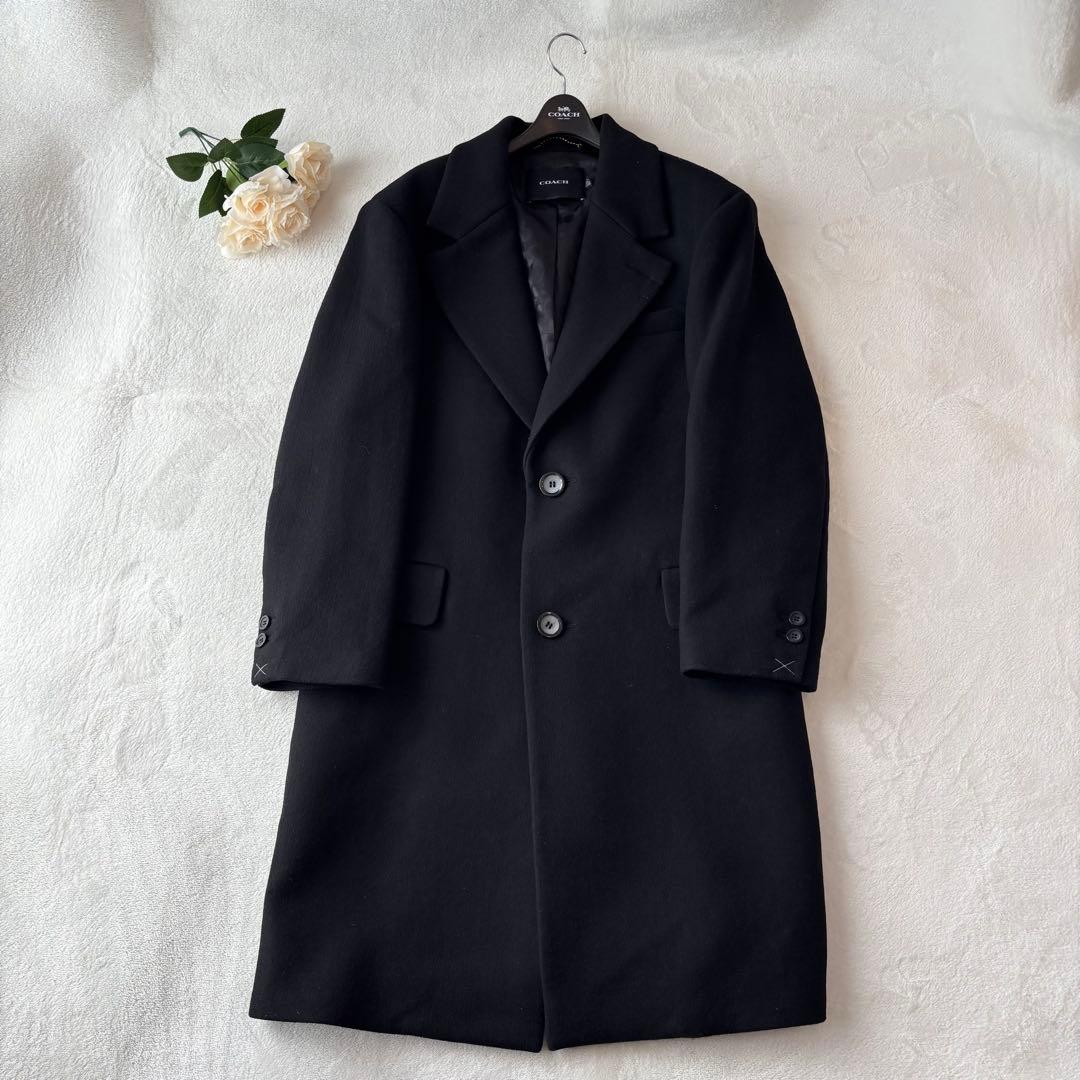 【未使用保管】コーチ　ロングコート　ウール　総柄　Pコート　ブラック　M