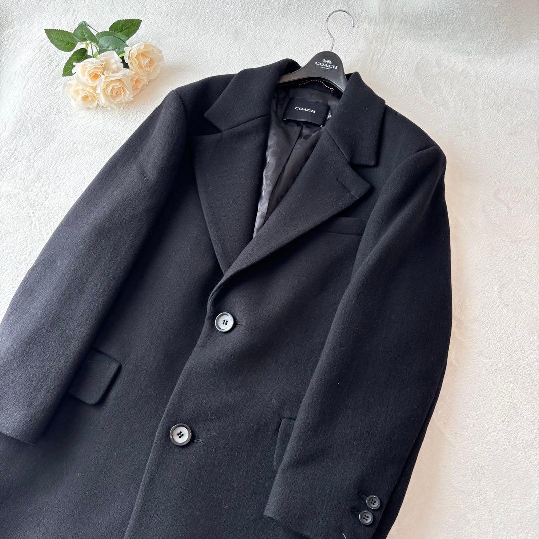 【未使用保管】コーチ　ロングコート　ウール　総柄　Pコート　ブラック　M