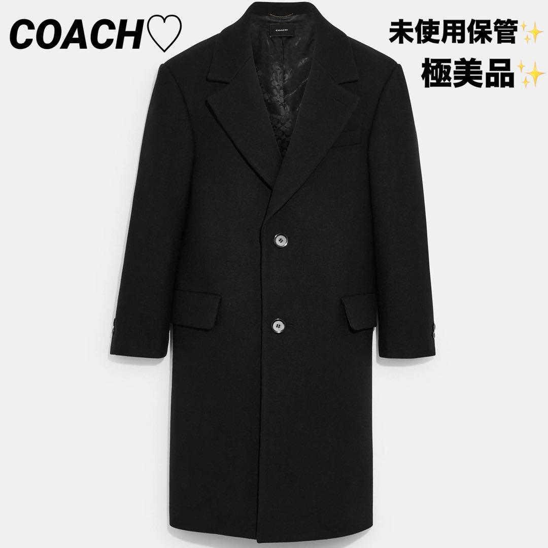 【未使用保管】コーチ　ロングコート　ウール　総柄　Pコート　ブラック　M