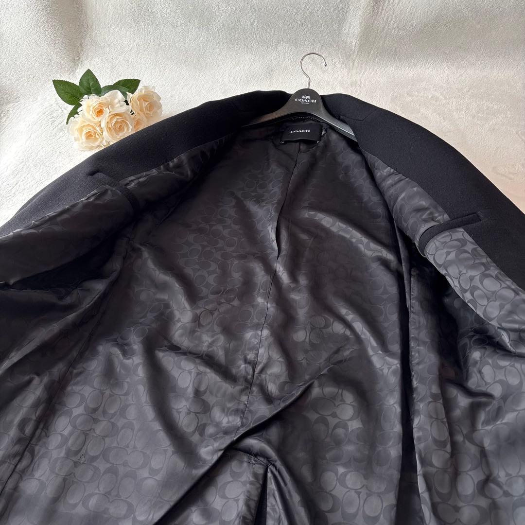 【未使用保管】コーチ　ロングコート　ウール　総柄　Pコート　ブラック　M