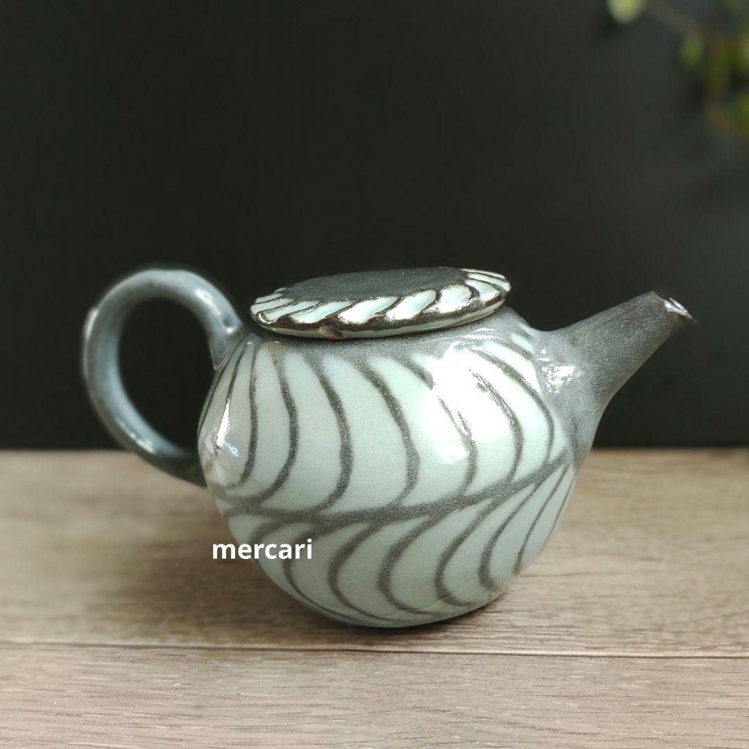 新品　仕立て屋陶器　ポット・カップ＆ソーサー2客　青磁×灰　陶芸　作家