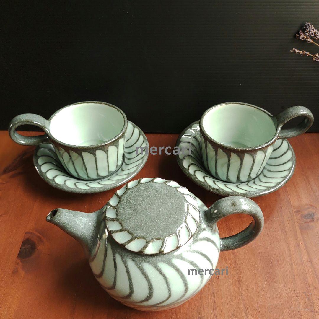 新品　仕立て屋陶器　ポット・カップ＆ソーサー2客　青磁×灰　陶芸　作家