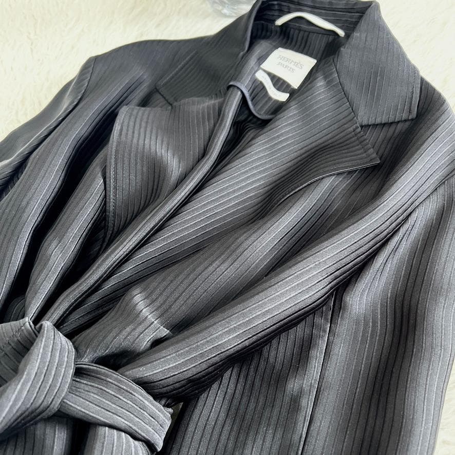 極美品★HERMES★シルク★ダブルフェイス★刺繍ライン★ベルト★コート