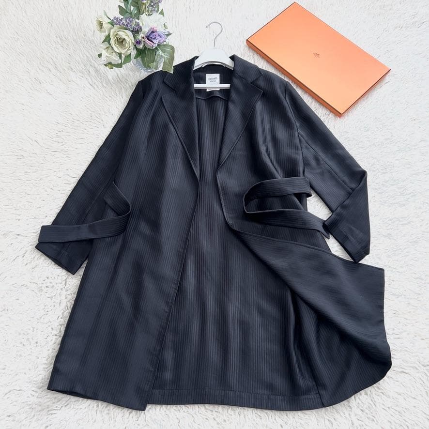 極美品★HERMES★シルク★ダブルフェイス★刺繍ライン★ベルト★コート